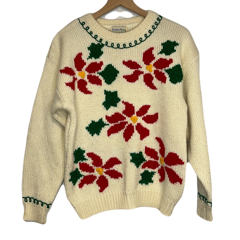 Vintage Boundary Waters Medium Knit Poinsettia Crewneck Pullover Sweater Holiday